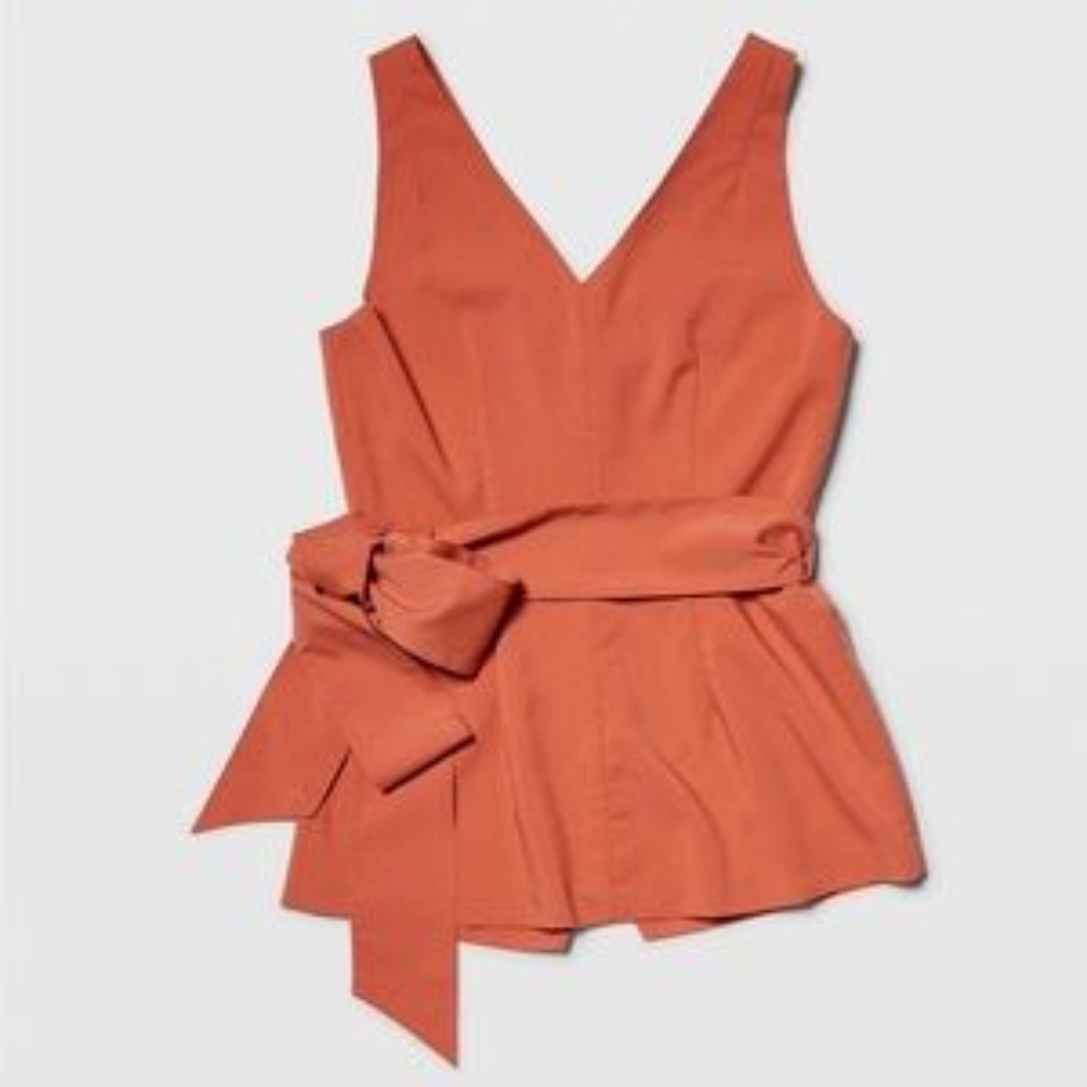Club Monaco Rust Orange V-Neck Peplum Top with Waist Tie